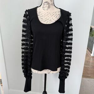 NWT Dolan Black Blouse Puff Sleeves w/ Polka Dots and Ruffles